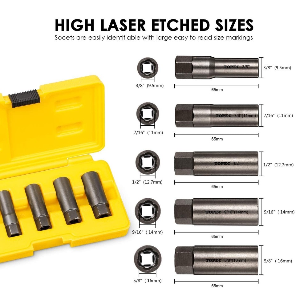 Topec 5-Piece Spiral Type Deep Extractor Set, Spark Plug Easy-out Set, for Re...