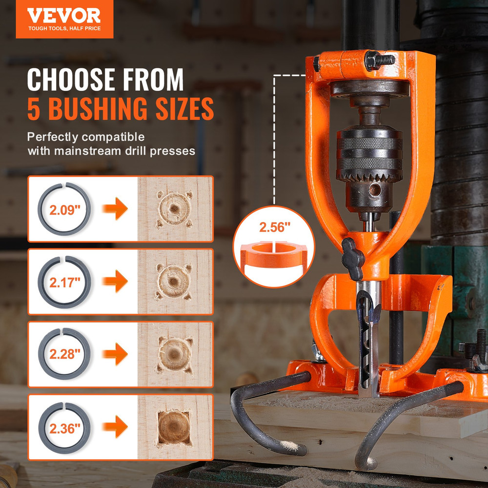 Mortising Attachment for Drill Press, Square Hole Chisel Set with 5 Bushings