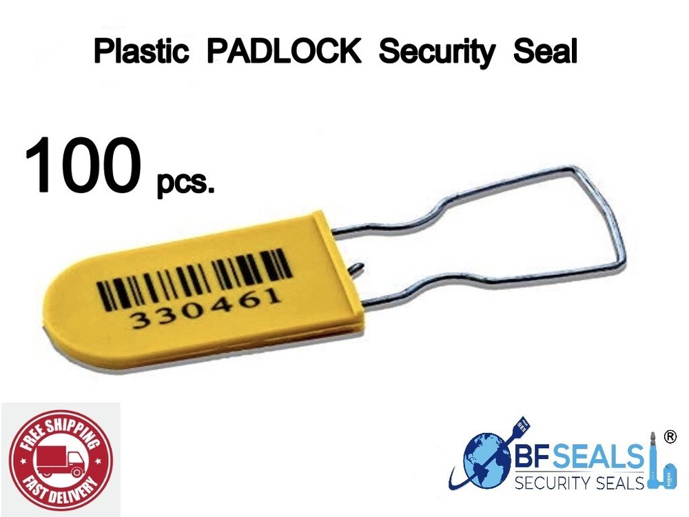 Plastic Security Seals PADLOCK  A, Numbered - Barcode, 100 pcs, YELLOW color