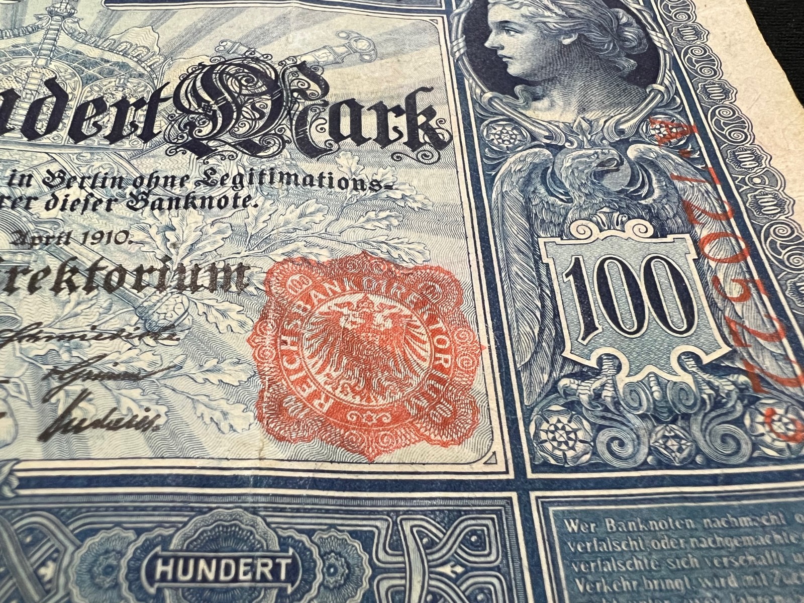 1910 German 100 Mark Banknote World War 1 WW1 WWI Currency Antique Relic