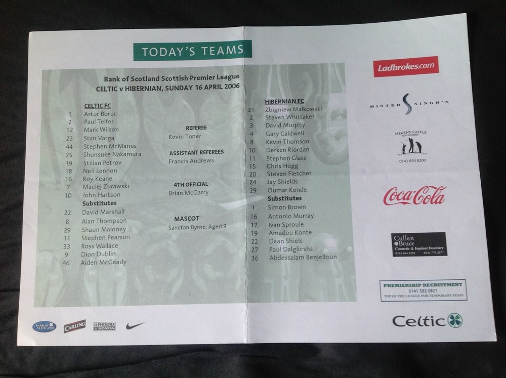 2005/6 Celtic v Hibernian April teamsheet