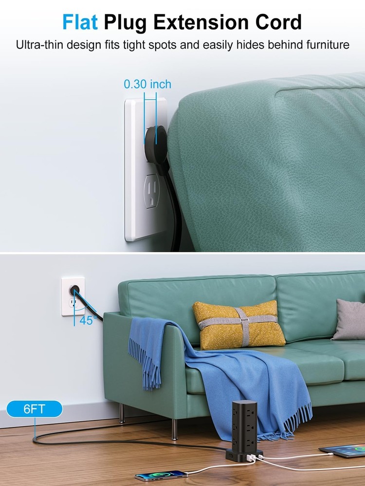 Power Strip Tower with Multiple Outlets, Flat Plug Surge Protector ... Fast Ship