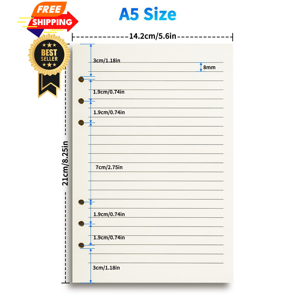 A5 Line Refill Paper, Binder Refills for 6-Ring Binders Planner Lined