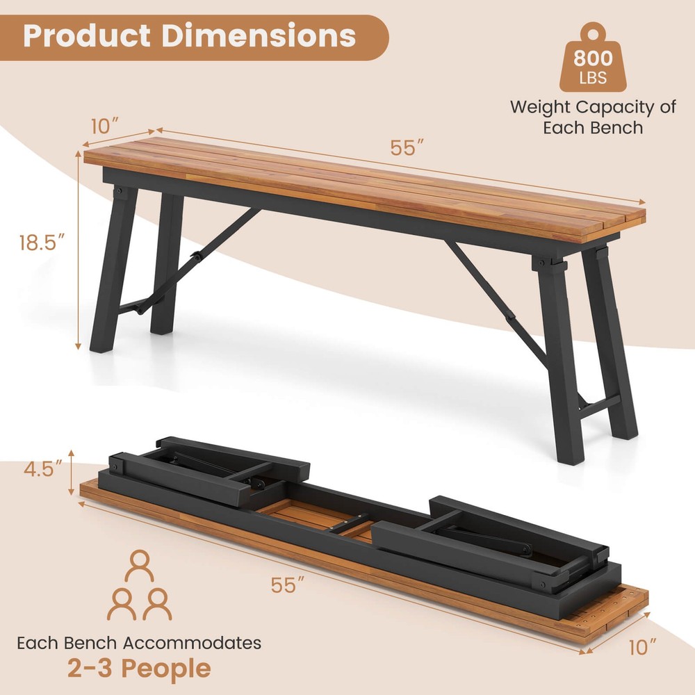 Folding Picnic Bench Set 55" Long Rectangular Wooden Dining Camping BBQ Benches