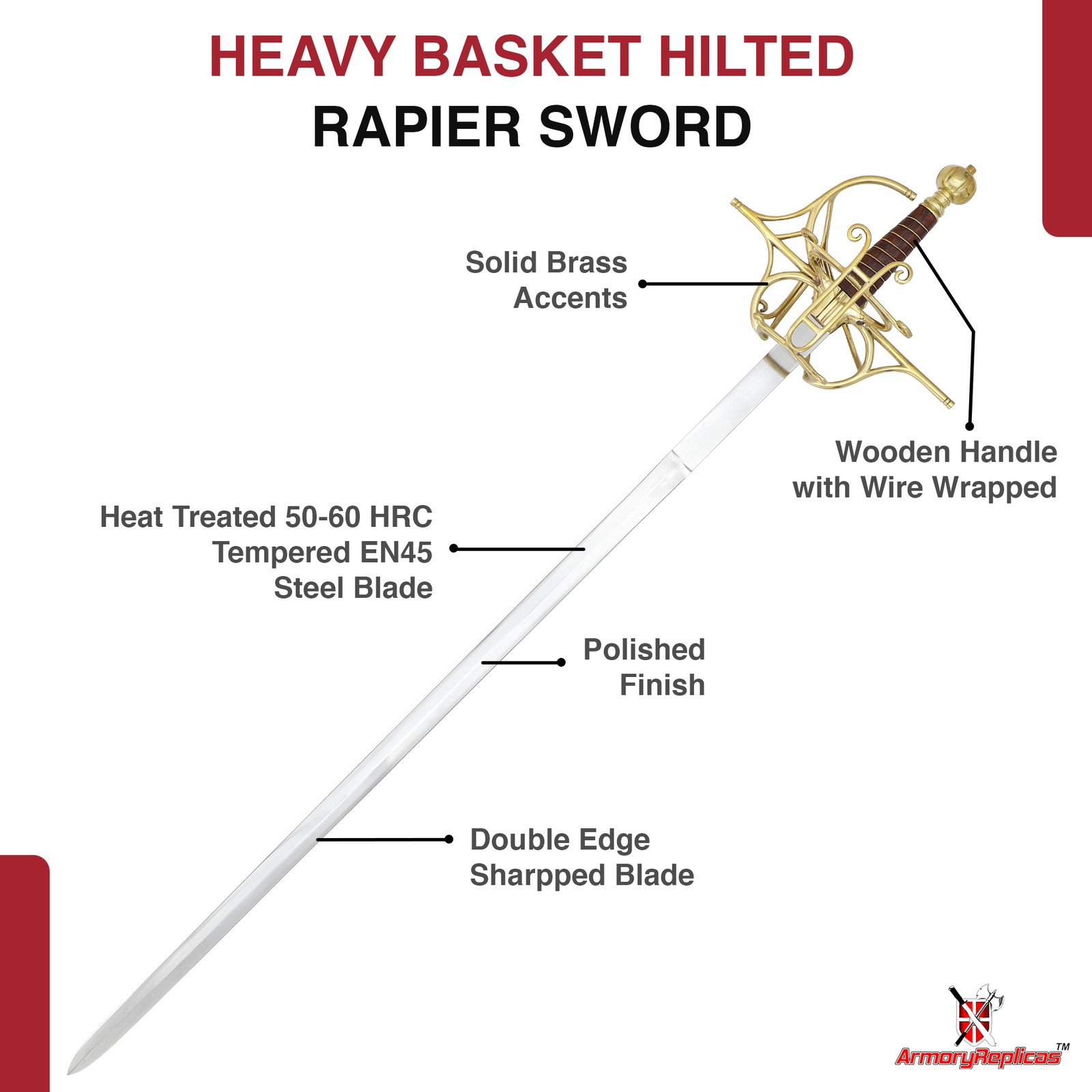 Marvelous Rapier Medieval Viking Battle Ready Sword EN45 Steel Blade, Brass Hilt