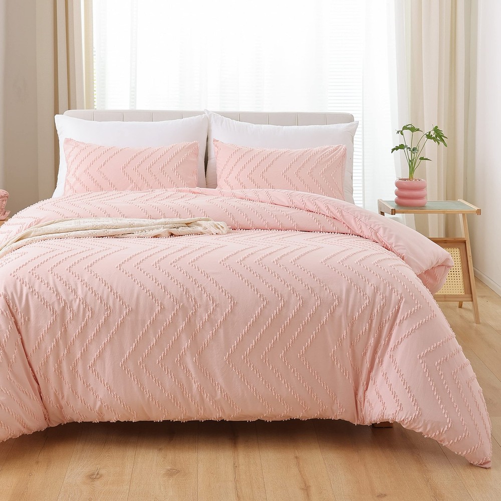 Pink Full Comforter Set 3Pcs, Boho Blush Full Size Bedding Set, Vertical Tuft...