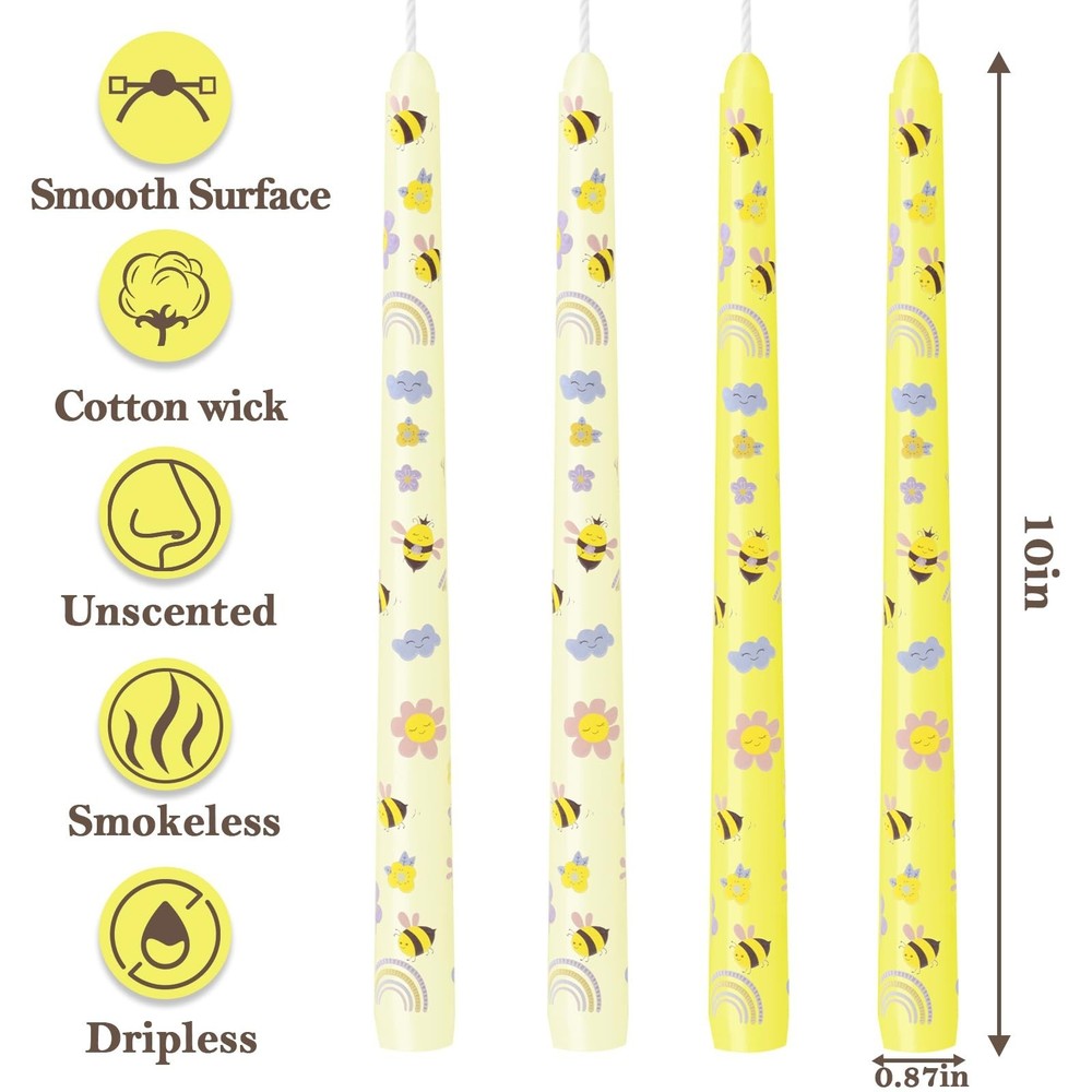 10 Inch Bee Printed Taper Candles,4 Pack Dripless Unscented Gradient-Yellow C...