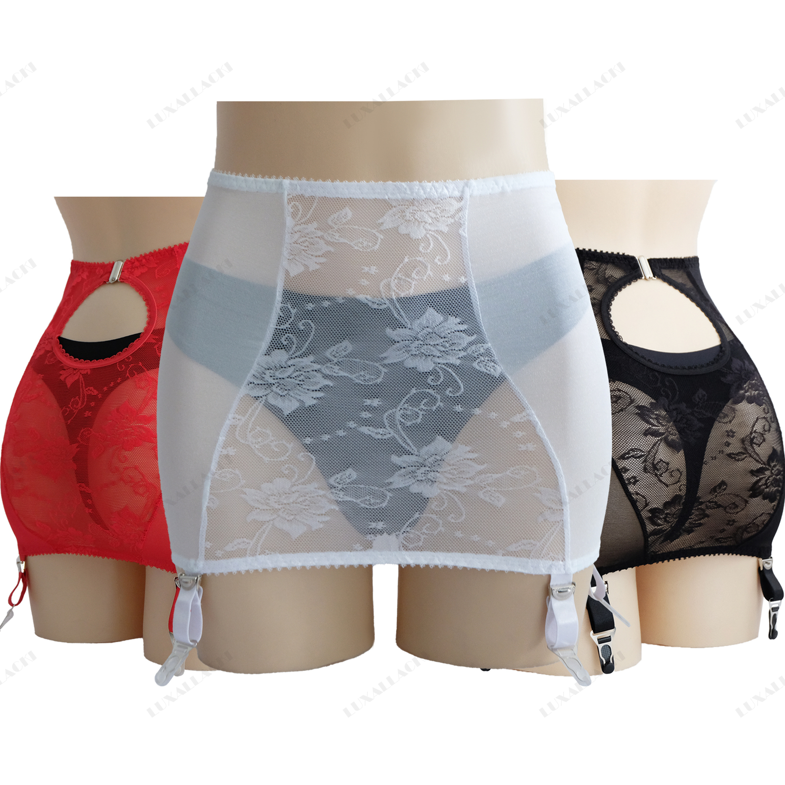 Luxallacki Mesh Floral Lace 6 Straps Garter Belt Shaping Girdle Sexy Lingerie