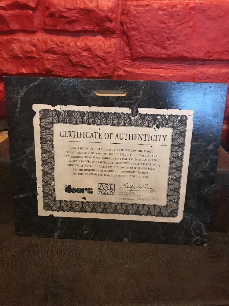 The Doors Procol Harum Original 1967 Concert Handbill on plaque B7