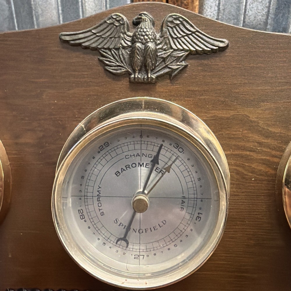 Vintage Eagle Top Horizontal Springfield Thermometer Barometer Weather Station