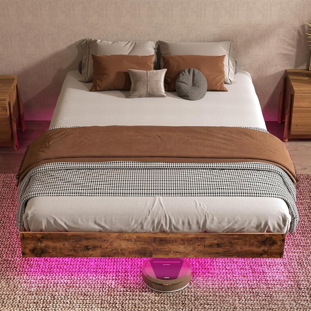 Floating Full/Queen/King Bed Frame with LED Lights, No Box Spring Needed