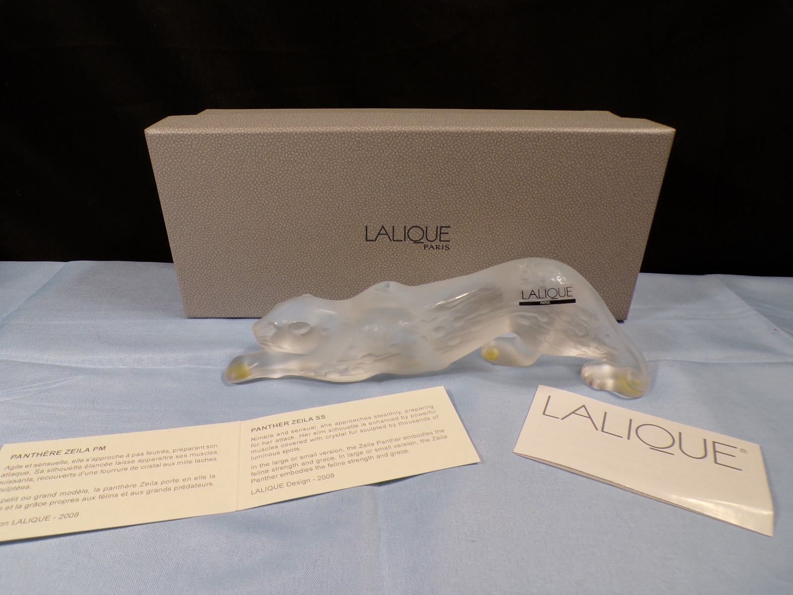 Lalique France Crystal Stalking Zeila Panther Figurine w/ Box 8 1/4" Long