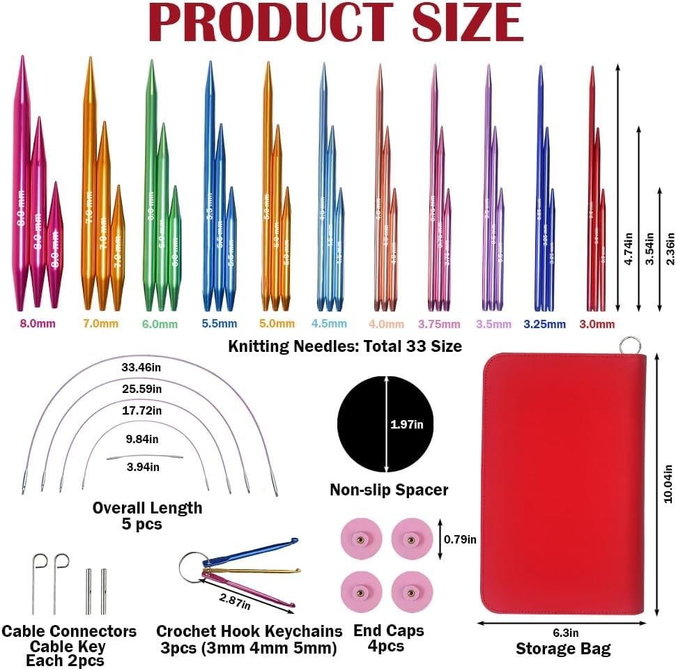 Circular Knitting Needles Set W/ Case,11 Pairs Interchangeable Aluminum Circle