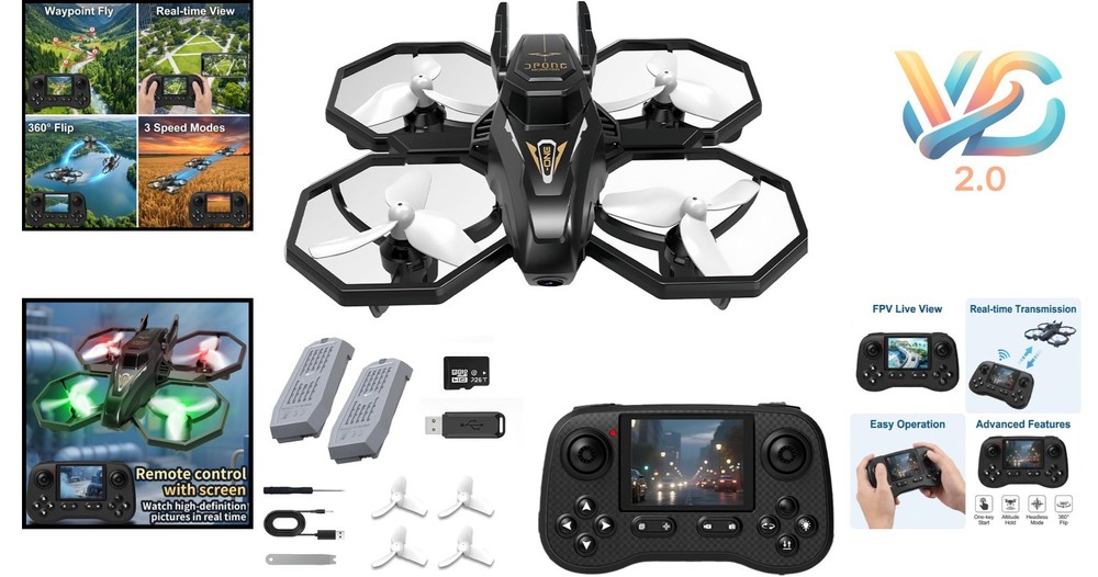 FPV Drone with Screen Controller, 720p HD Camera, Obstacle Avoidance, 2 Batte...
