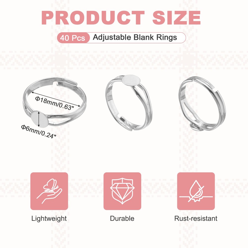 40 Pack 6mm Adjustable Blank Rings for Jewelry Making, White Tone