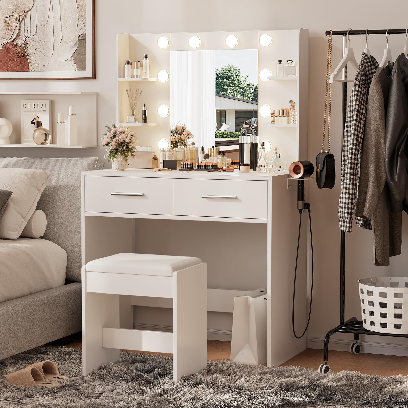 Furmax Makeup Vanity Desk w/ Mirror, Power Outlet, 3-Color LED Lights & Bench