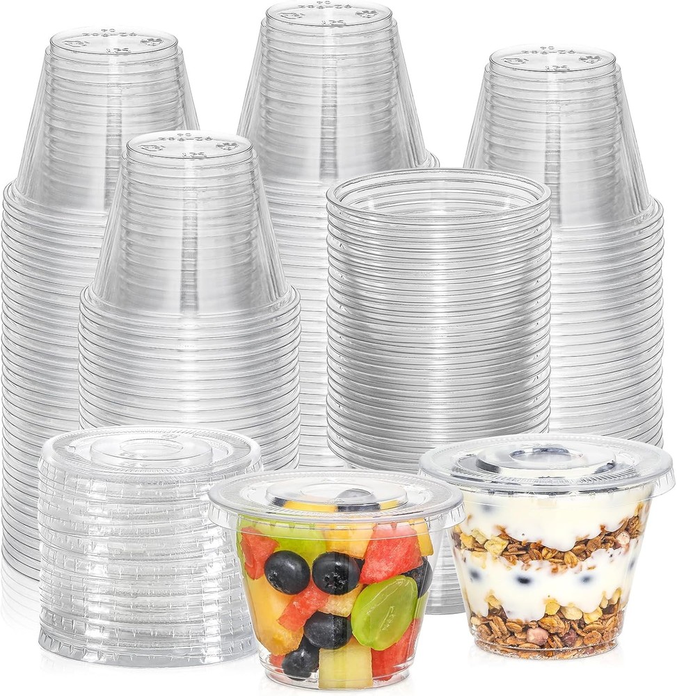 100 Sets, Clear Plastic Cups With Flat Lids No Hole, Disposable