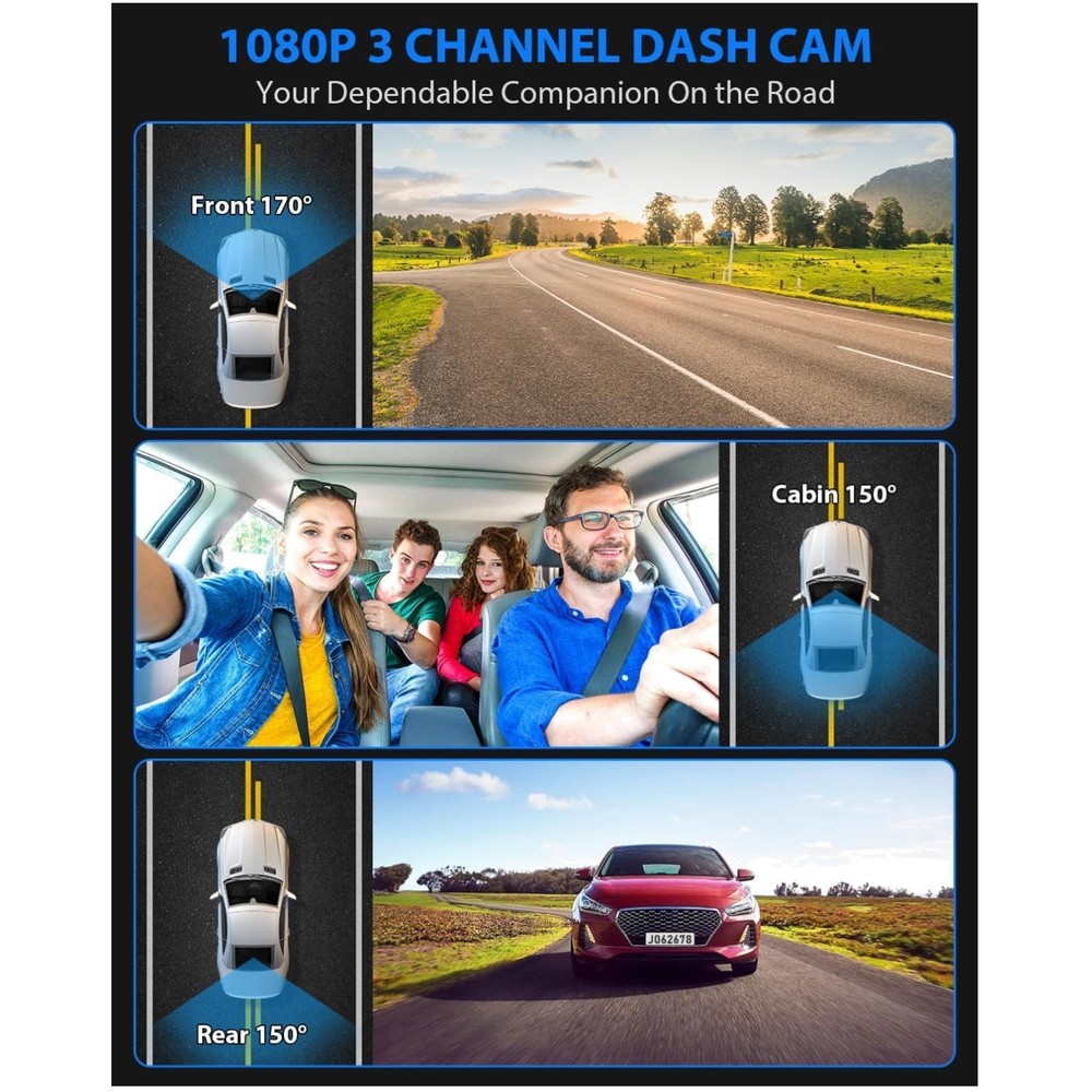 Triple Dash Camera 170° Front + 150° Cabin + Rear Waterproof