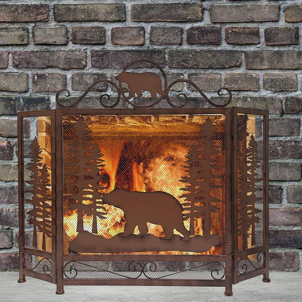 3-Panel Fireplace Screen Decorative with Bear Alone in the Forest - Stand Alone