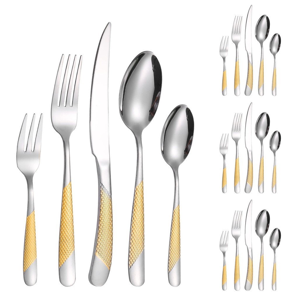 Gold Silver Hammered Silverware Set for 4 Stainless Steel Flatware