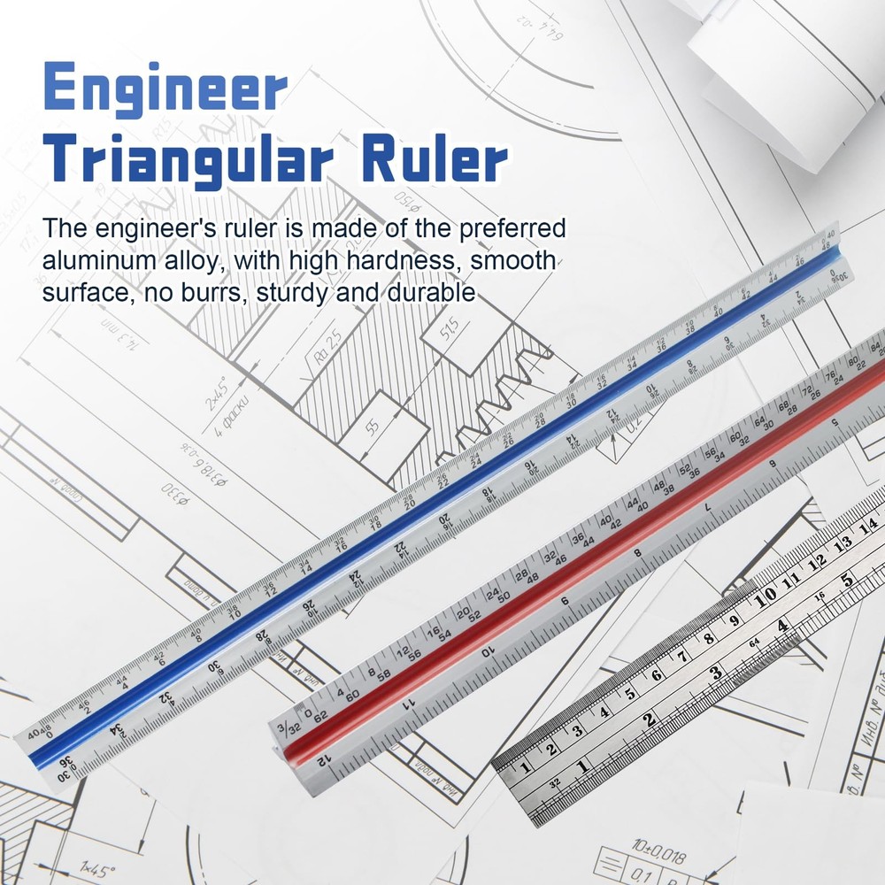 3 Pack Architectural and Engineer Scale Ruler Set, 12 Inch Aluminum Triangula...