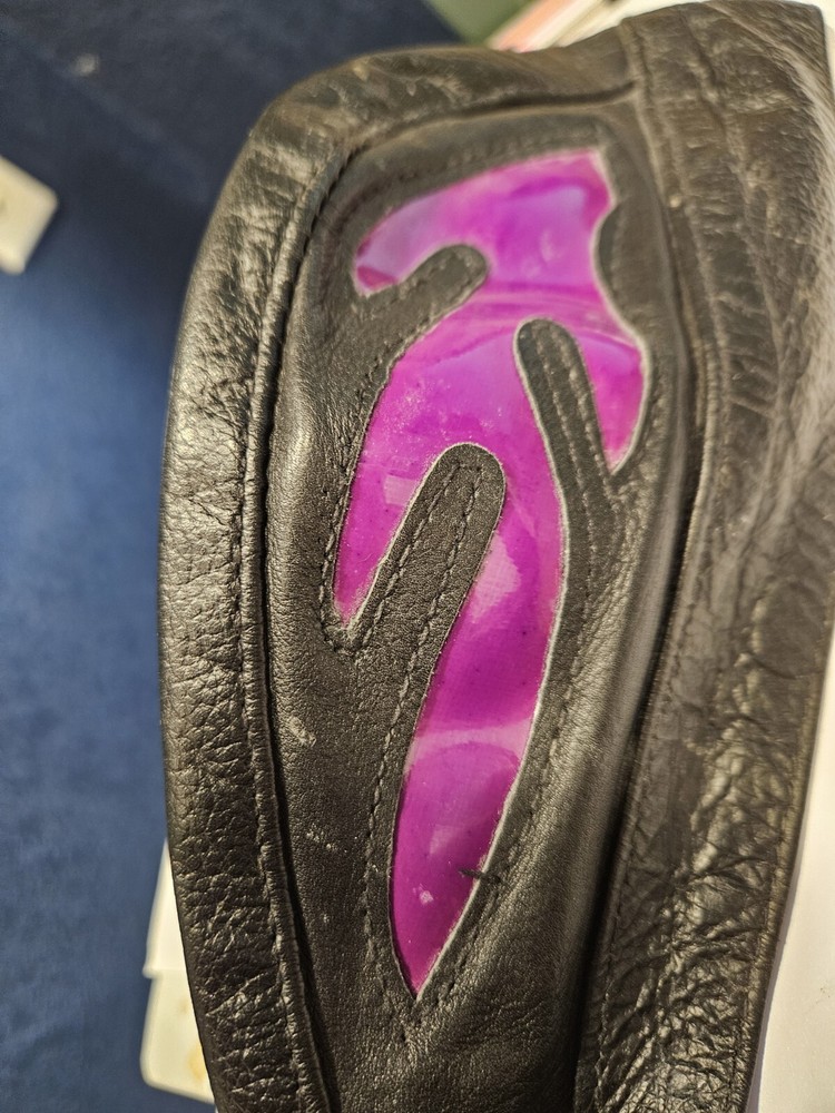 Black leather motorcycle skull cap with purple flame inserts