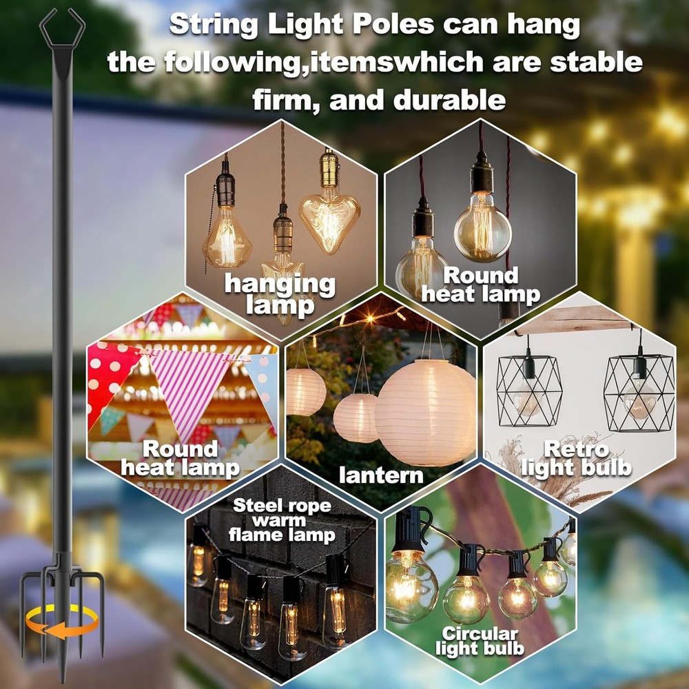 6 Pack 10 ft Heavy Duty Metal String Light Poles Adjustable Lighting Stand