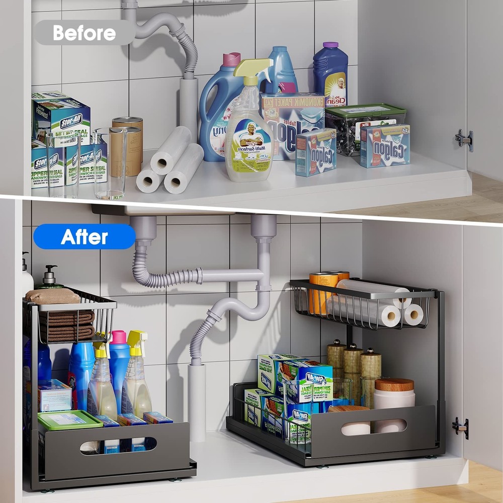 Under Sink Organizer, 2 Tier Pull-Out Cabinet Storage Shelf, Rust-Resistant M...