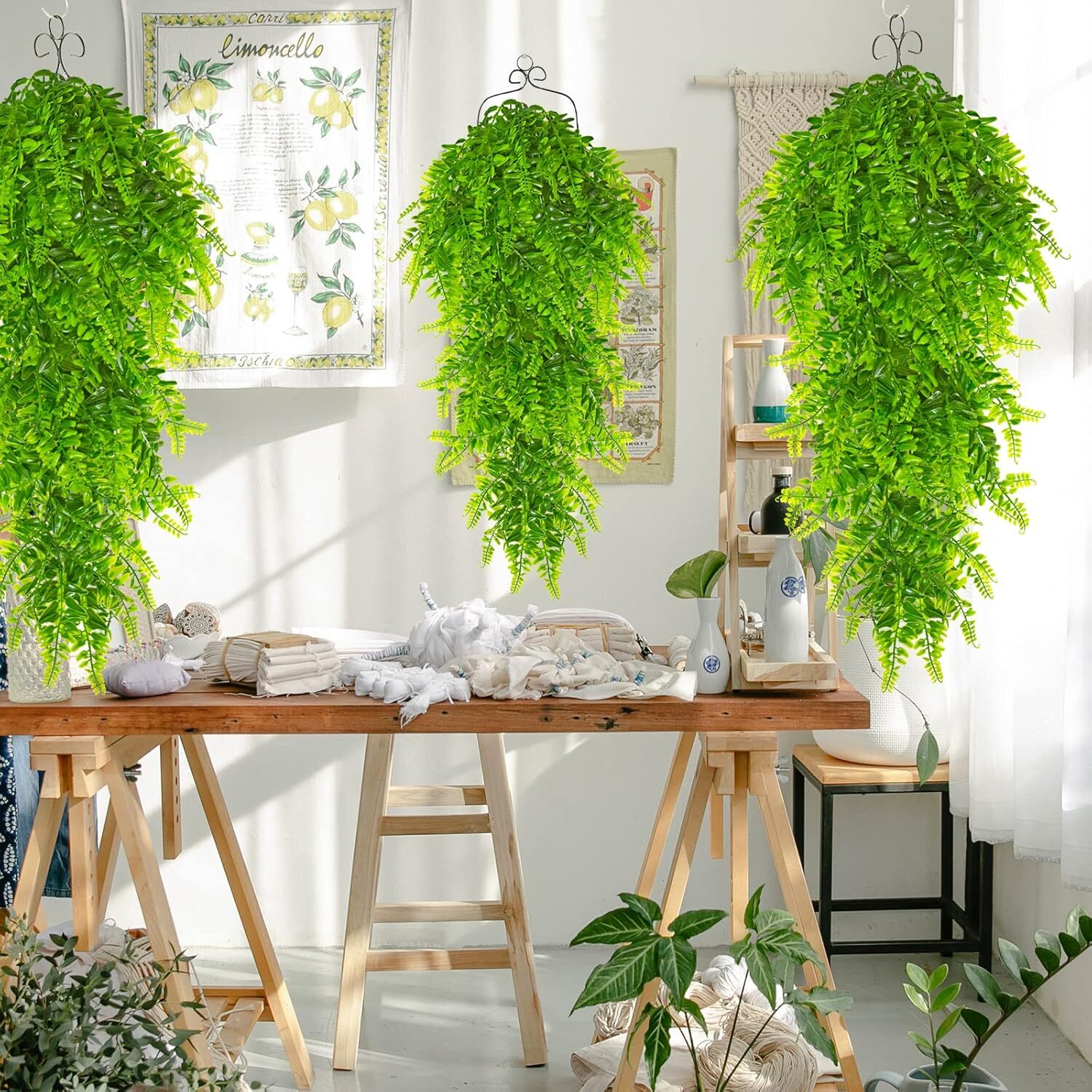 4Pcs Artificial Boston Fern Plant Fake Hanging Trailing Foliage Vine Home Decor