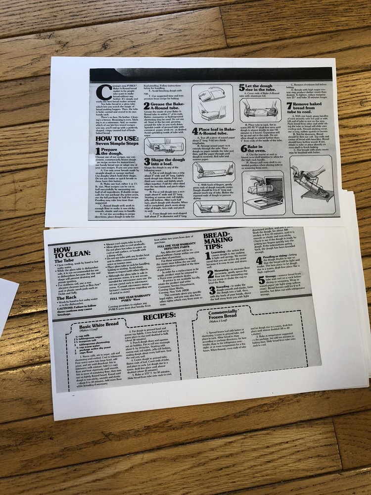 PYREX Bake A Round Bread Baking Tube INSTRUCTIONs + Recipes COPY only