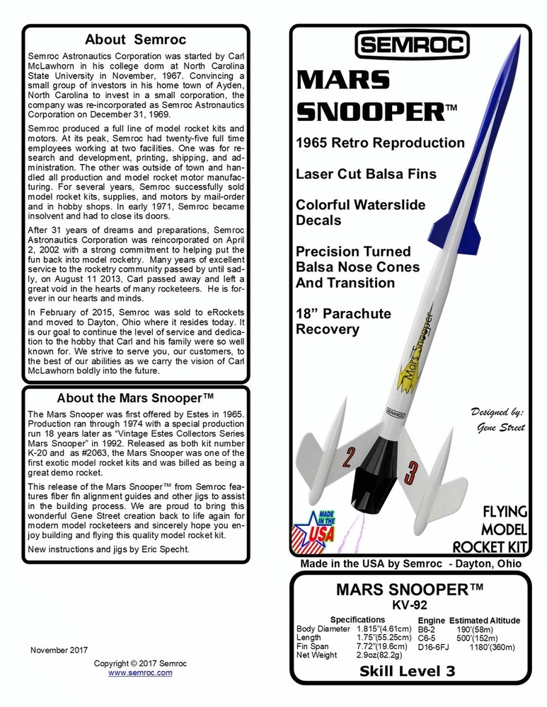 Semroc Flying Model Rocket Kit Mars Snooper SEM-KV-92