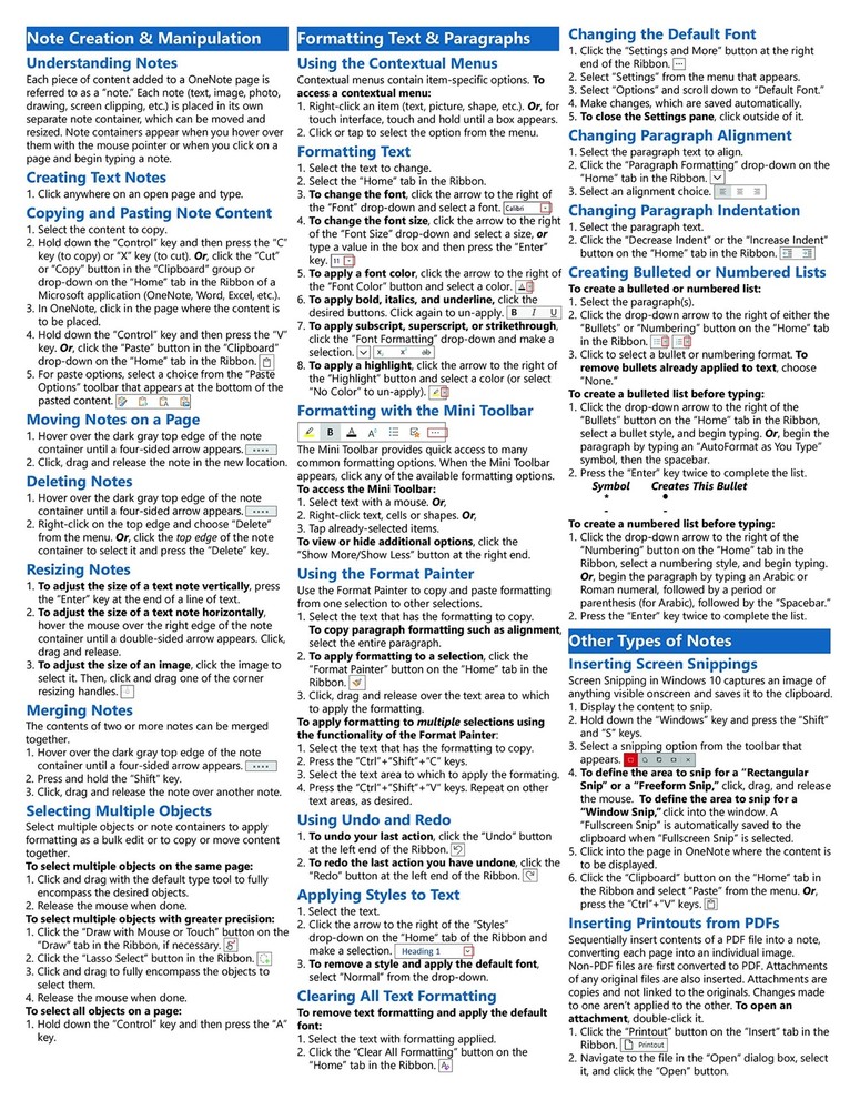 OneNote for Windows 10 Training Guide Quick Reference Card 4 Page Cheat Sheet