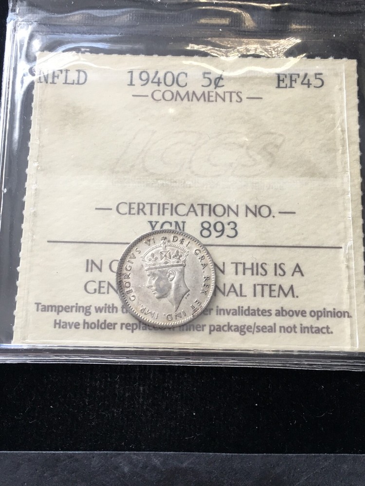 1940c, ICCS Graded Newfoundland, Five Cent, **EF-45**