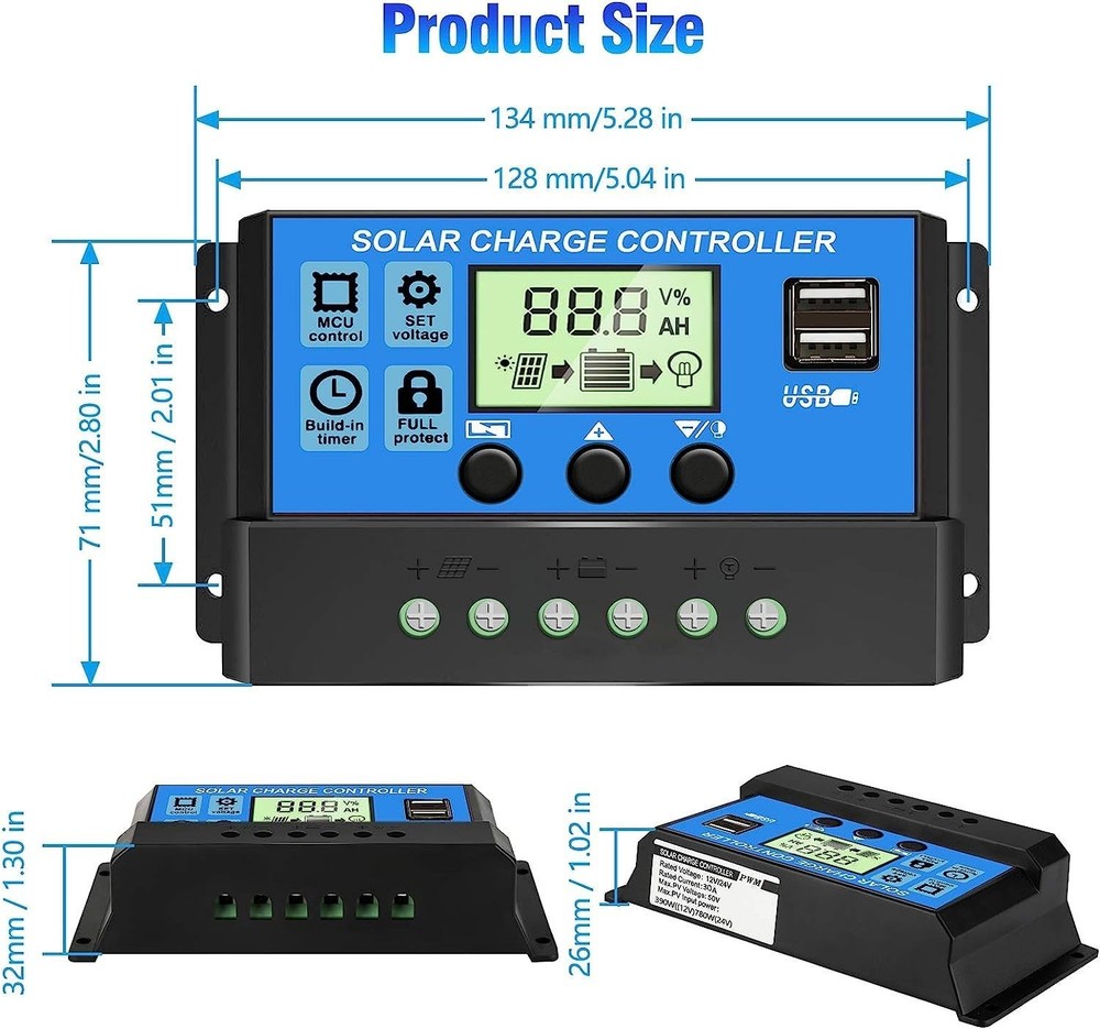 30A Solar Panel Regulator with Intelligent LCD Display & Dual USB Charging