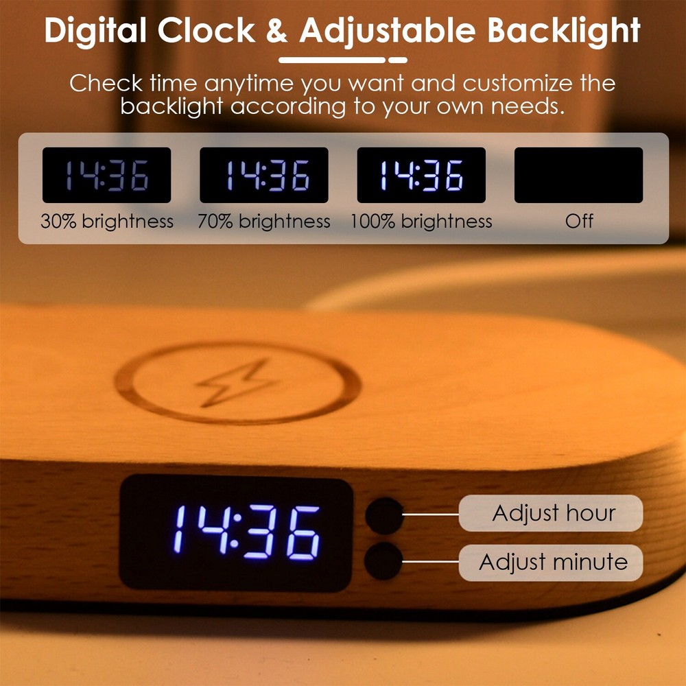 Bedside Table Lamp w/ Clock Wireless Charging LED Desk Lamp Dimmable Nightstand