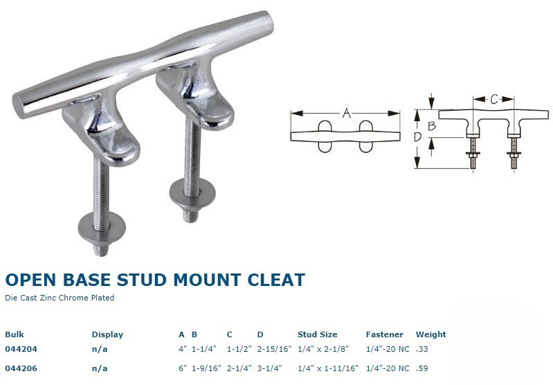 Sea-Dog Open Base Cleat with Stud Mount, 4", 044204