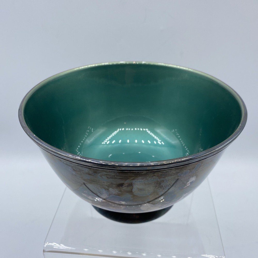 Towle Silversmiths Teal Green Enamel Footed Bowl Silverplated 5002 Vintage 5.75"