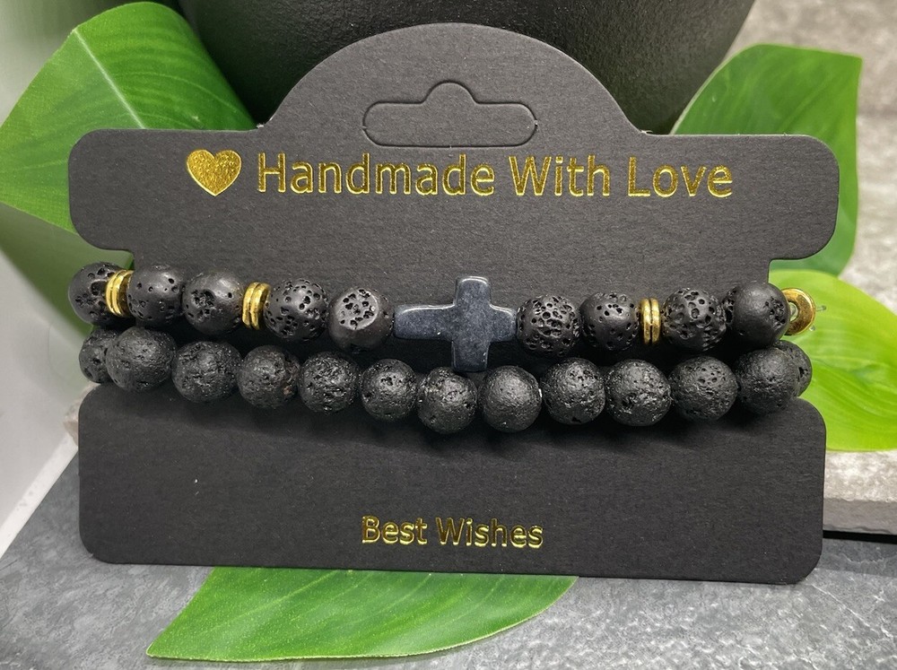 2 PC Handmade Beaded Stackable 6.5” Plus Stretch Bracelet Set Cross New B3705