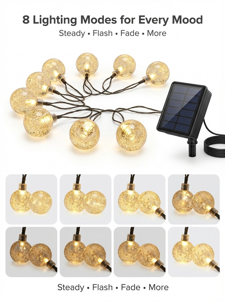 Solar Crystal Globe String Lights 36FT 60 LED Warm White IP65 8 Modes