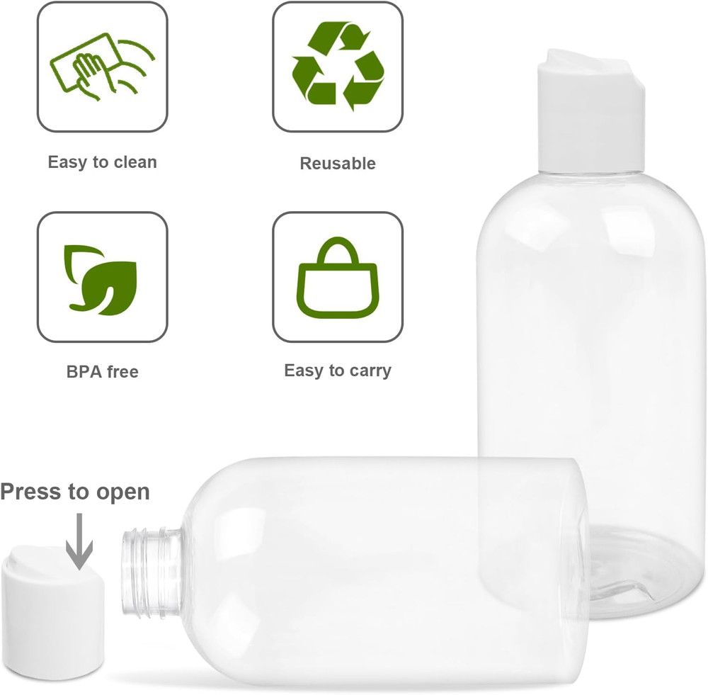 2 Pack 8 oz Plastic Bottles with white Disc Caps Clear Empty Reusable Leak-Proof