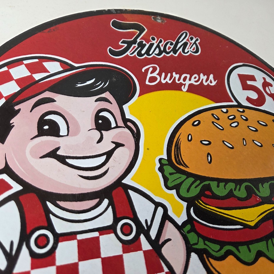 Vintage Big Boy Sign - 5 Cent Frisch's Fast Food Porcelain Gas Pump Sign