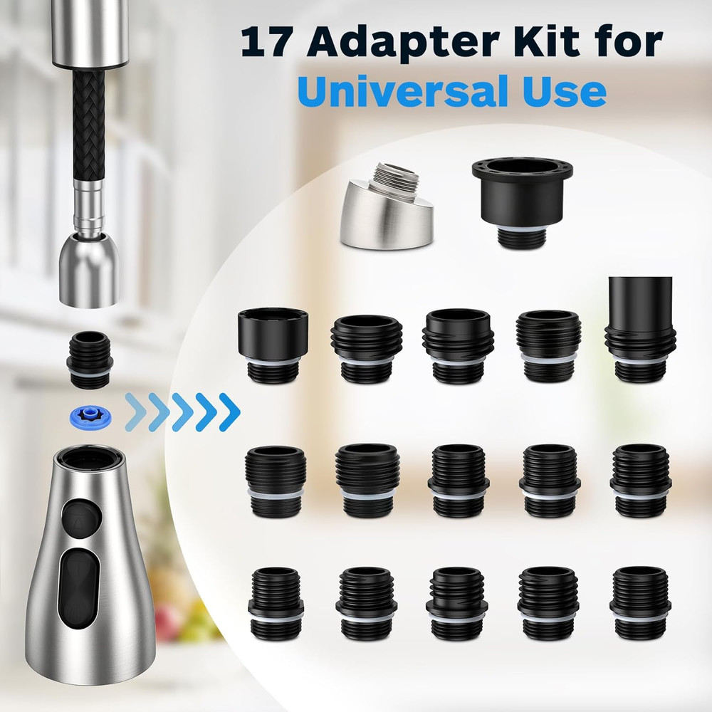 Kitchen Faucet Head Replacement 3 Modes with 17 Adapters, Pull down Spray Head f