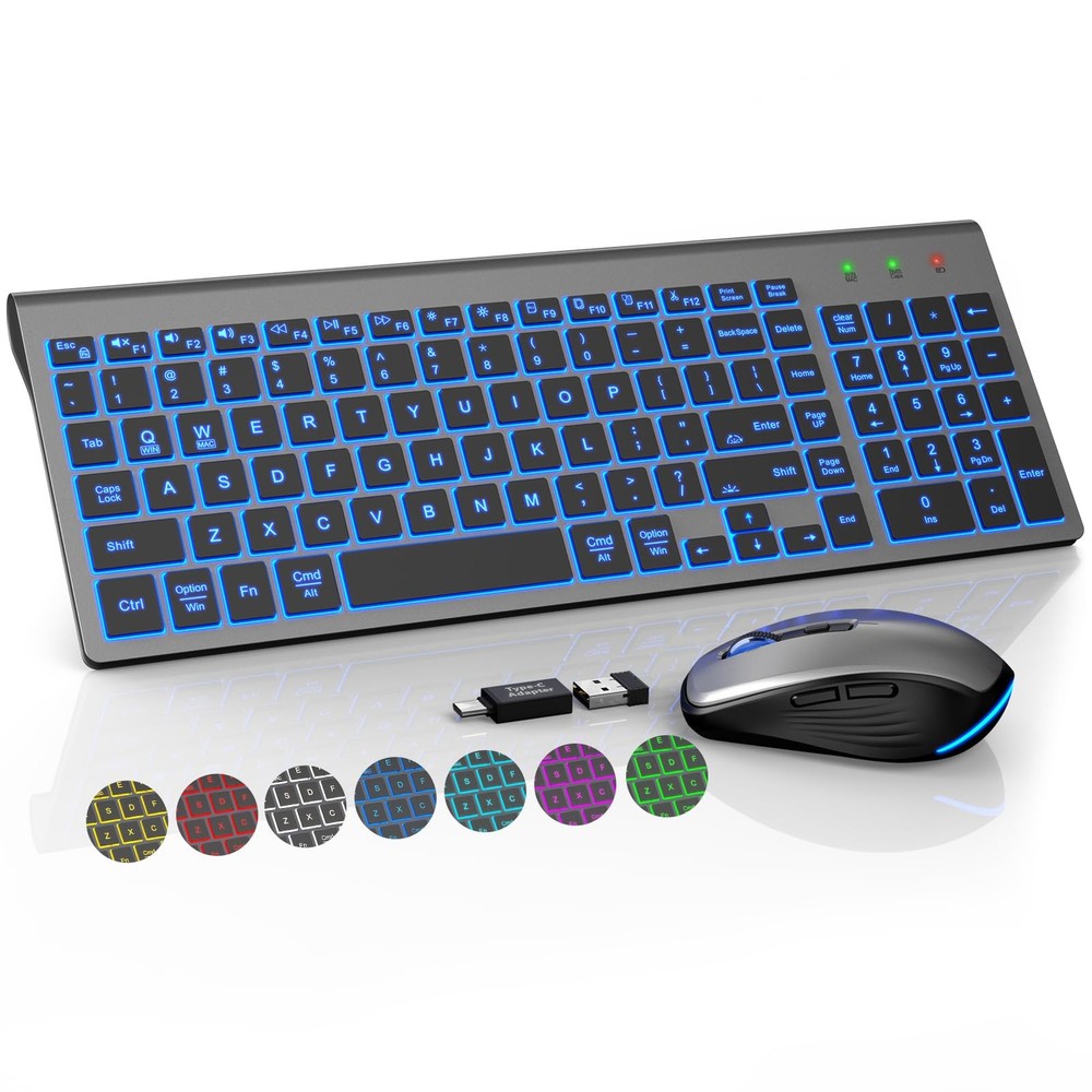 Wireless Keyboard Mouse Combo Backlit Compact Quiet Rechargeable Space Gray