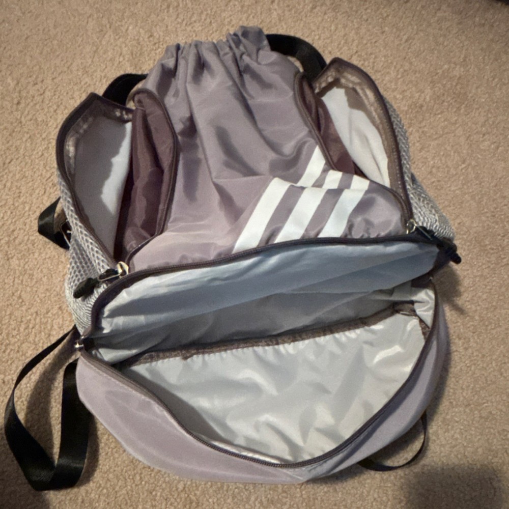 Adidas Gray Drawstring Gym Bag Polyester Zip Compartments Mesh Pockets Strap