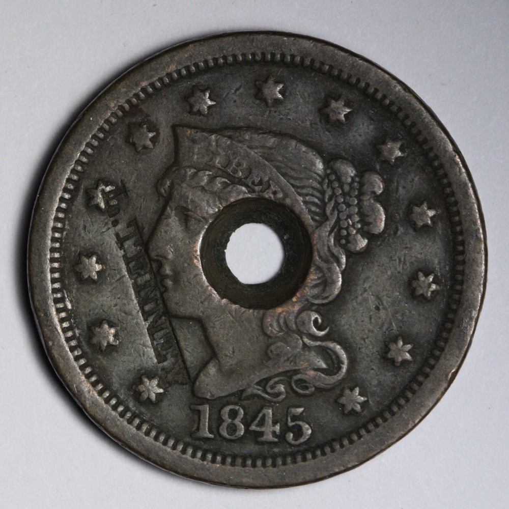 1845 Braided Hair Large Cent Counter Stamp  E152 QM