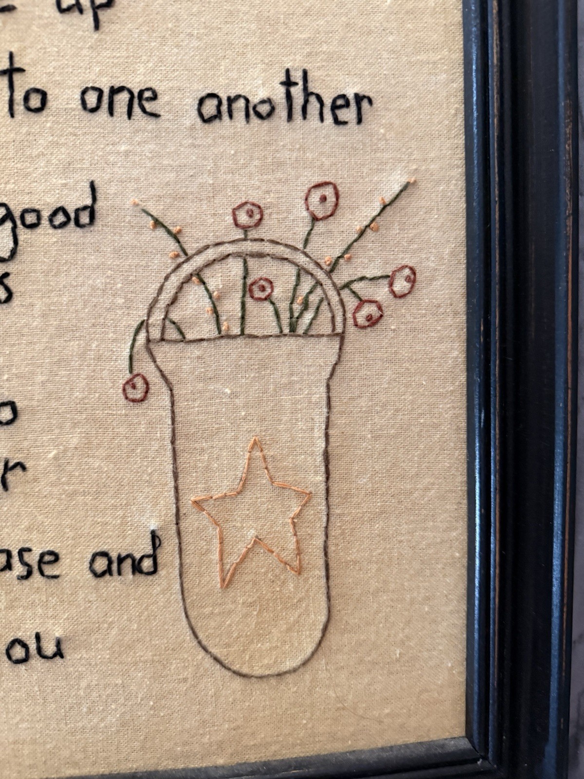 Primitive Wood Framed Embroidered Rules to Live By Flower Basket 14" × 12"