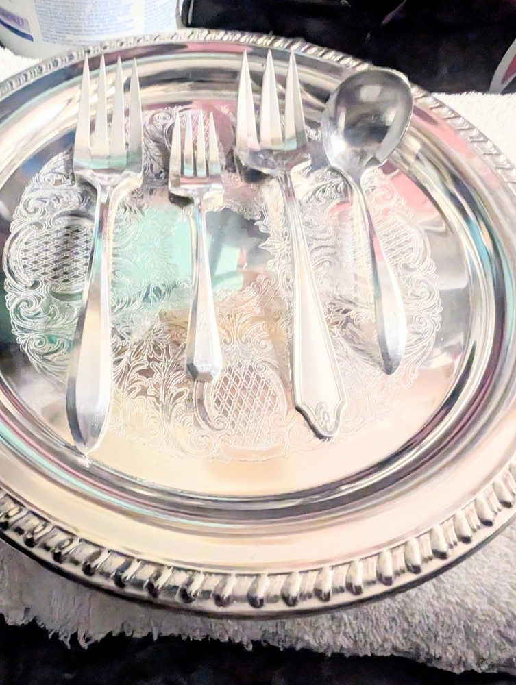 Silver Platter And Serving Forks & Ladel