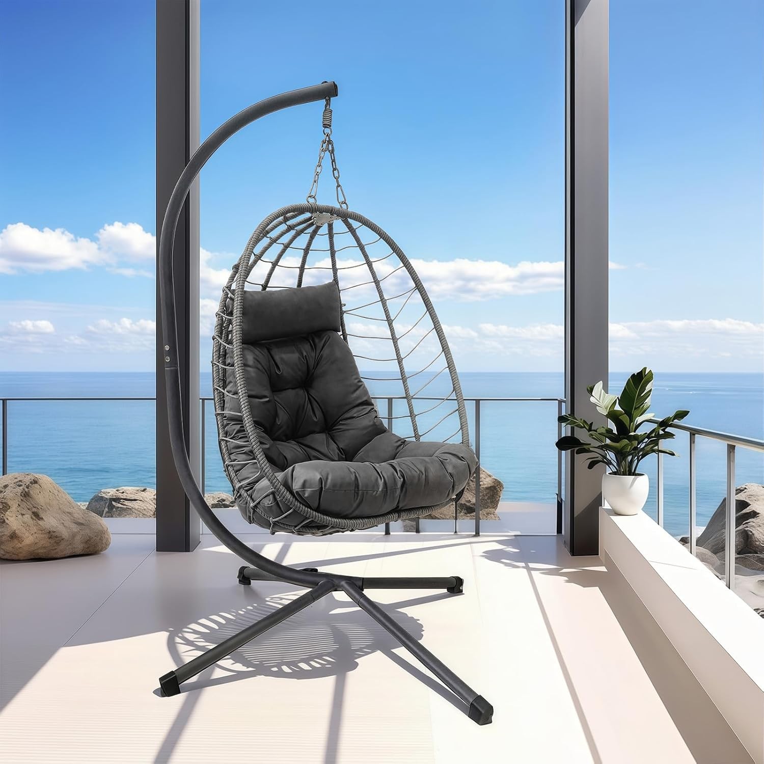 Hanging Egg Chair with Stand, Outdoor Wicker Patio Swing, Foldable Hammock Chair