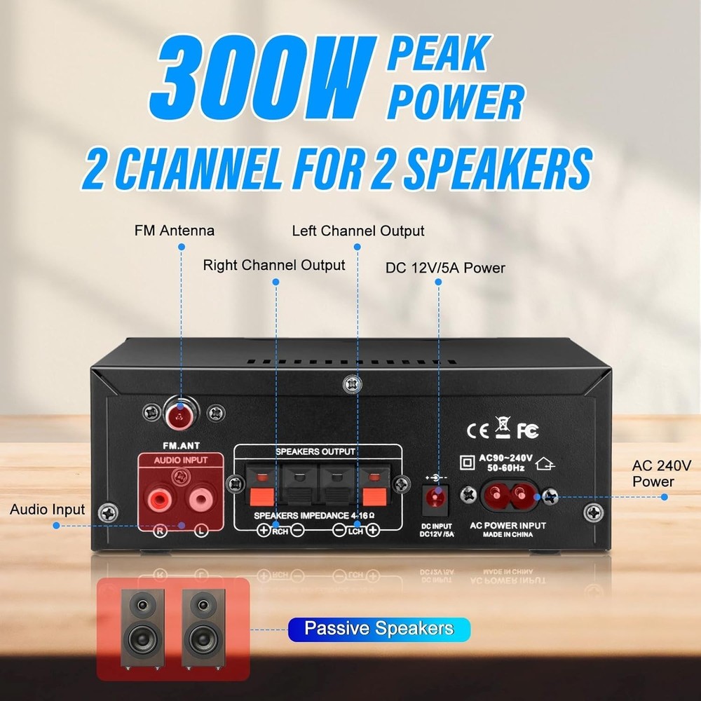 Powerful 300W Stereo Amplifier with Wireless Bluetooth & Custom Sound Control