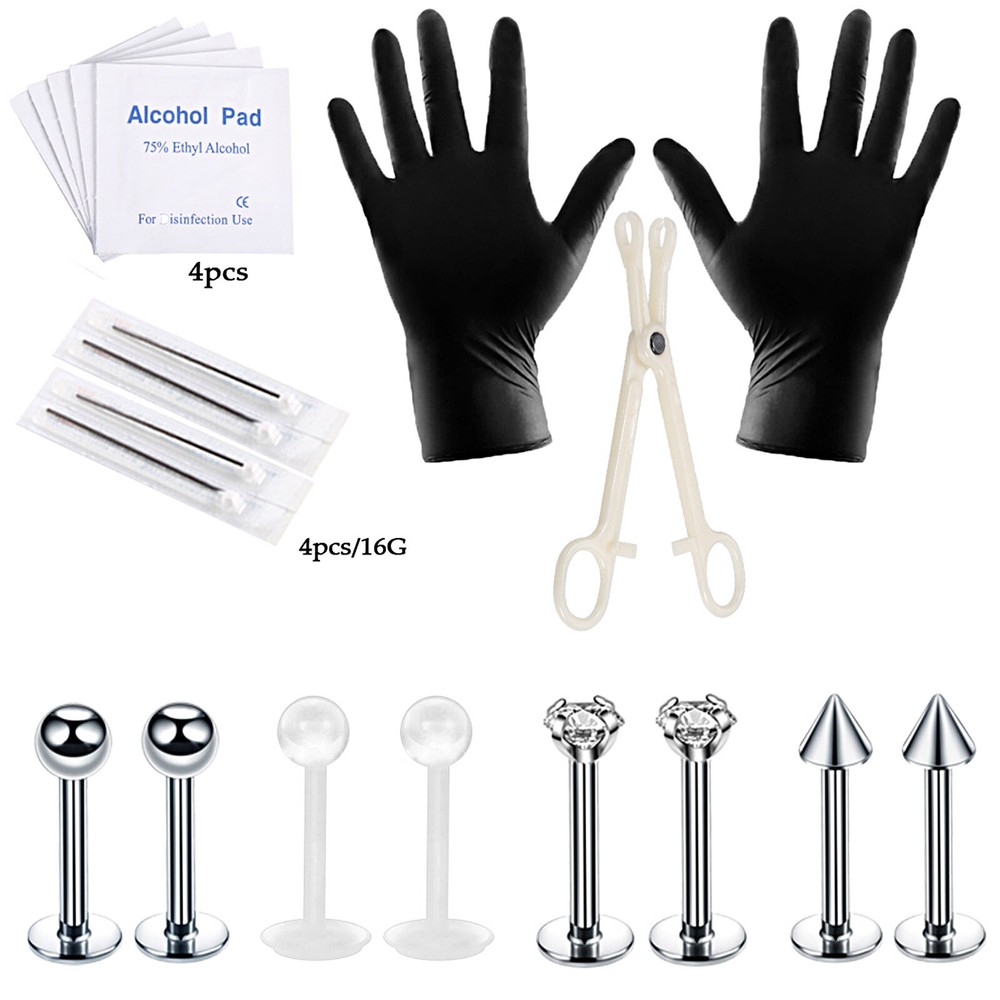 19PCS Stainless Steel Ear Lip Studs Needles DIY Body Piercing Tools Kit 16G